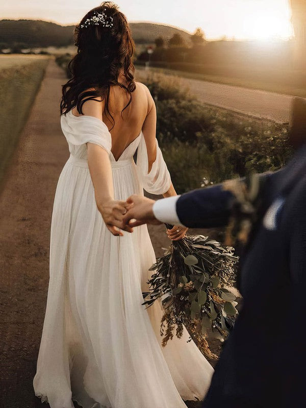Elegant A-Line Off-The-Shoulder Backless Chiffon Wedding Dresses with Sweep Train