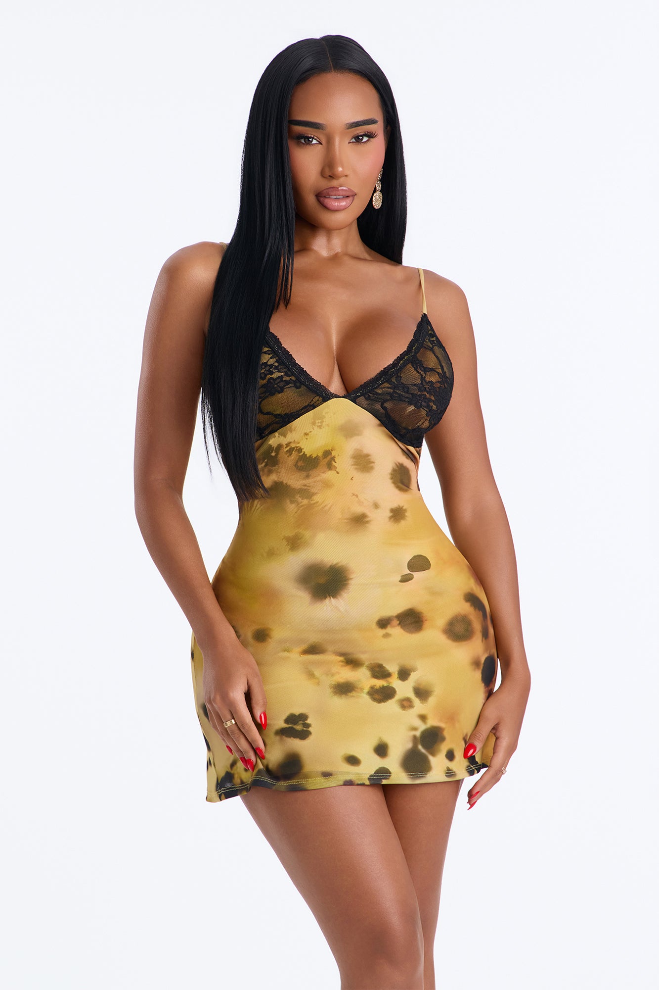 Ivy Lace Trim Mesh Mini Dress - Yellow/combo