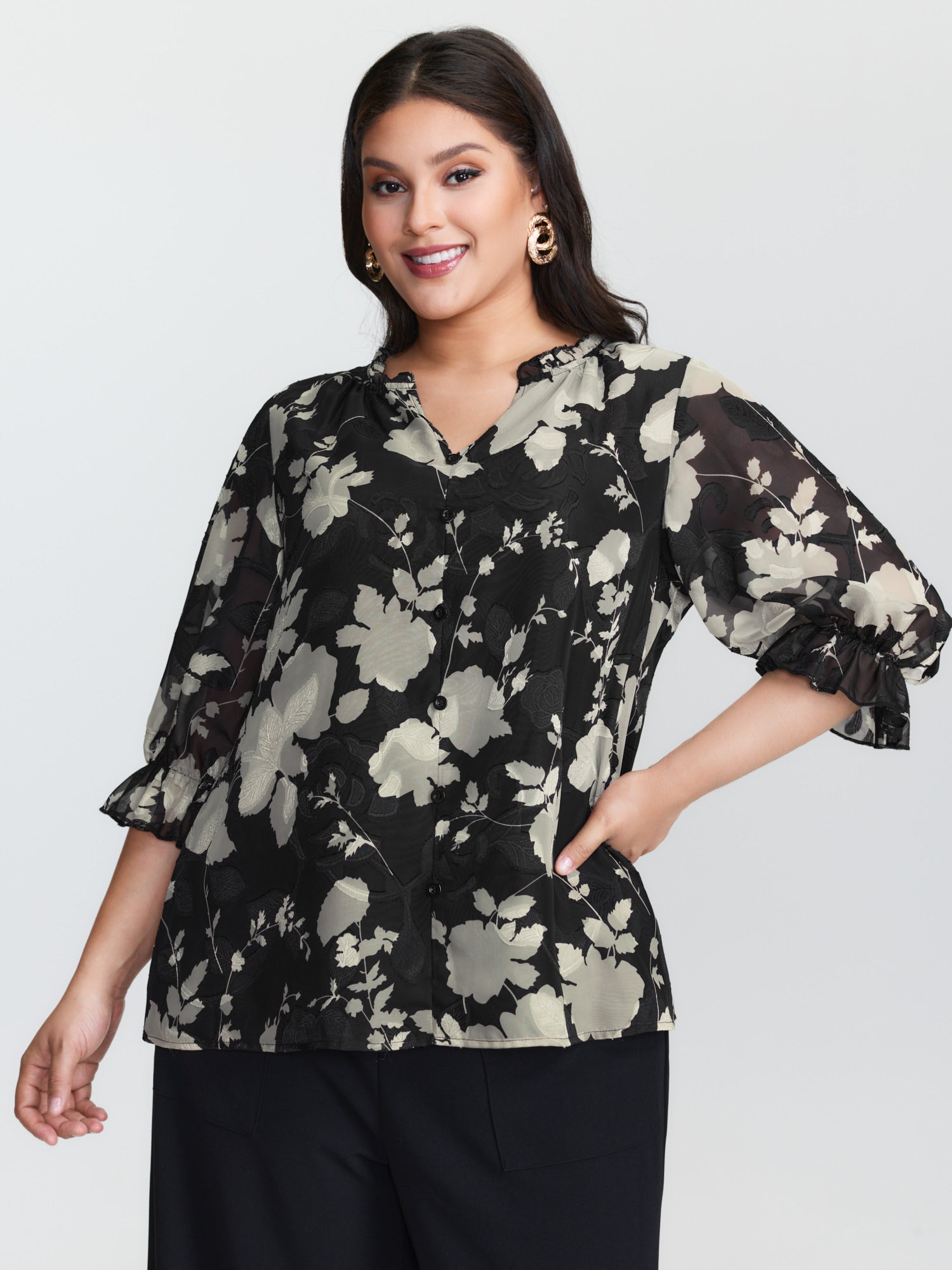 Ruffled Collar Floral Print Blouse