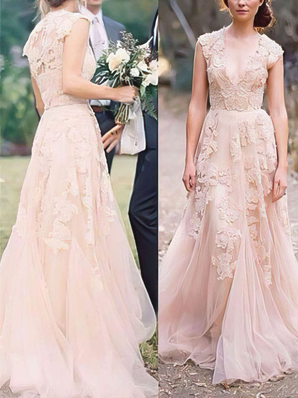 Stylish A-Line V-Neck Sleeveless Lace Tulle Wedding Dresses with Appliques