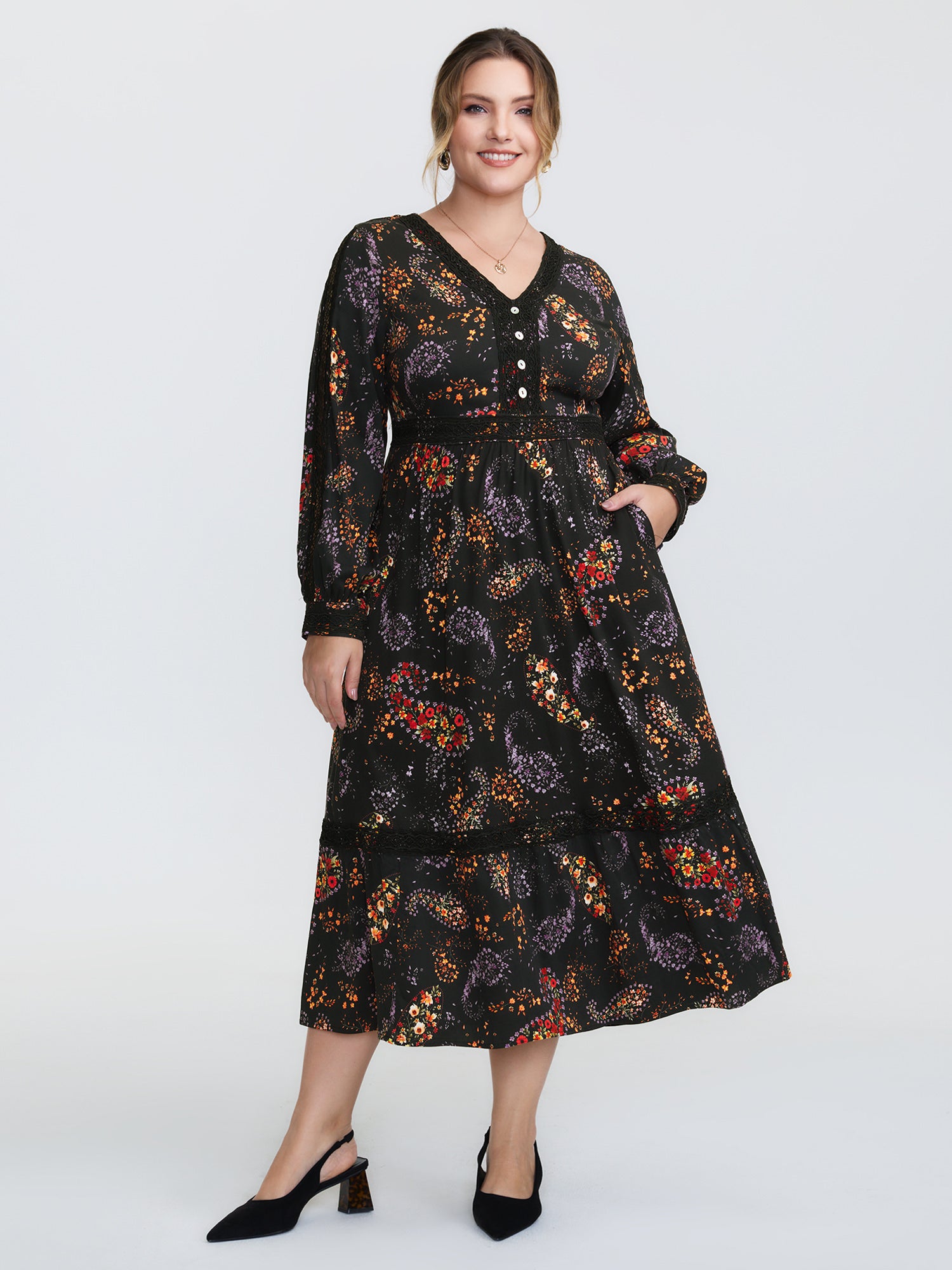 Floral Print Button V-Neck Midi Dress