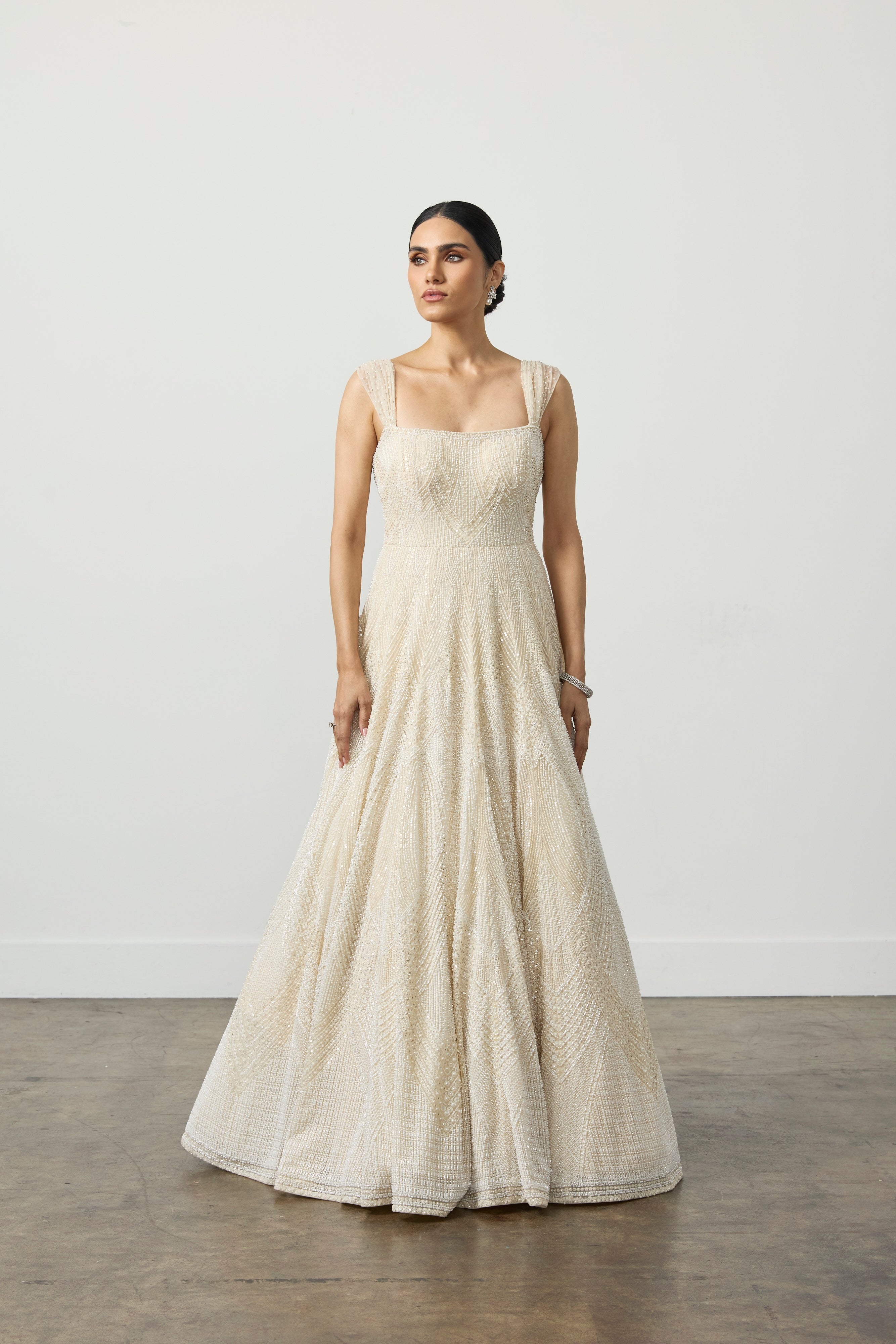 Soft Ivory Fully Embroidered A-Line Gown
