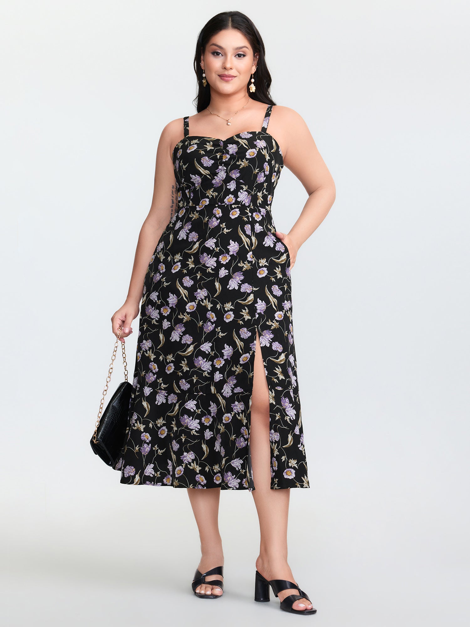 Charming Floral Print Cami Slit Midi Dress