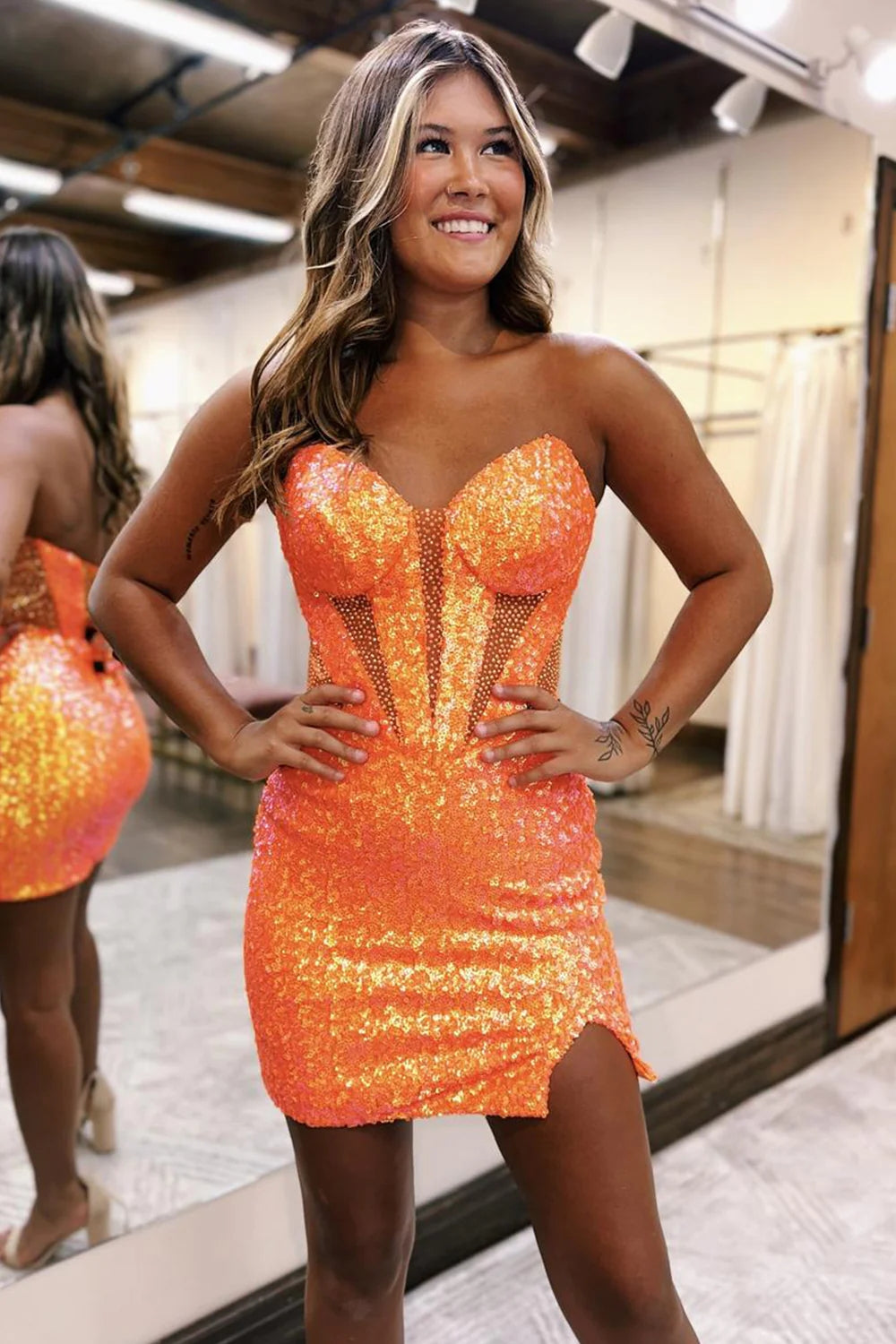 Sparkly Orange Corset Sweetheart Tight Short Homecoming Dress/Mini Dress with Slit