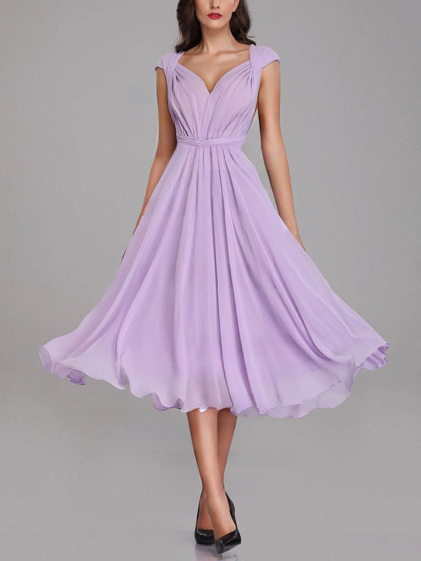 Elegant A-Line Capped V-Neck Chiffon Tea-Length Bridesmaid Dresses