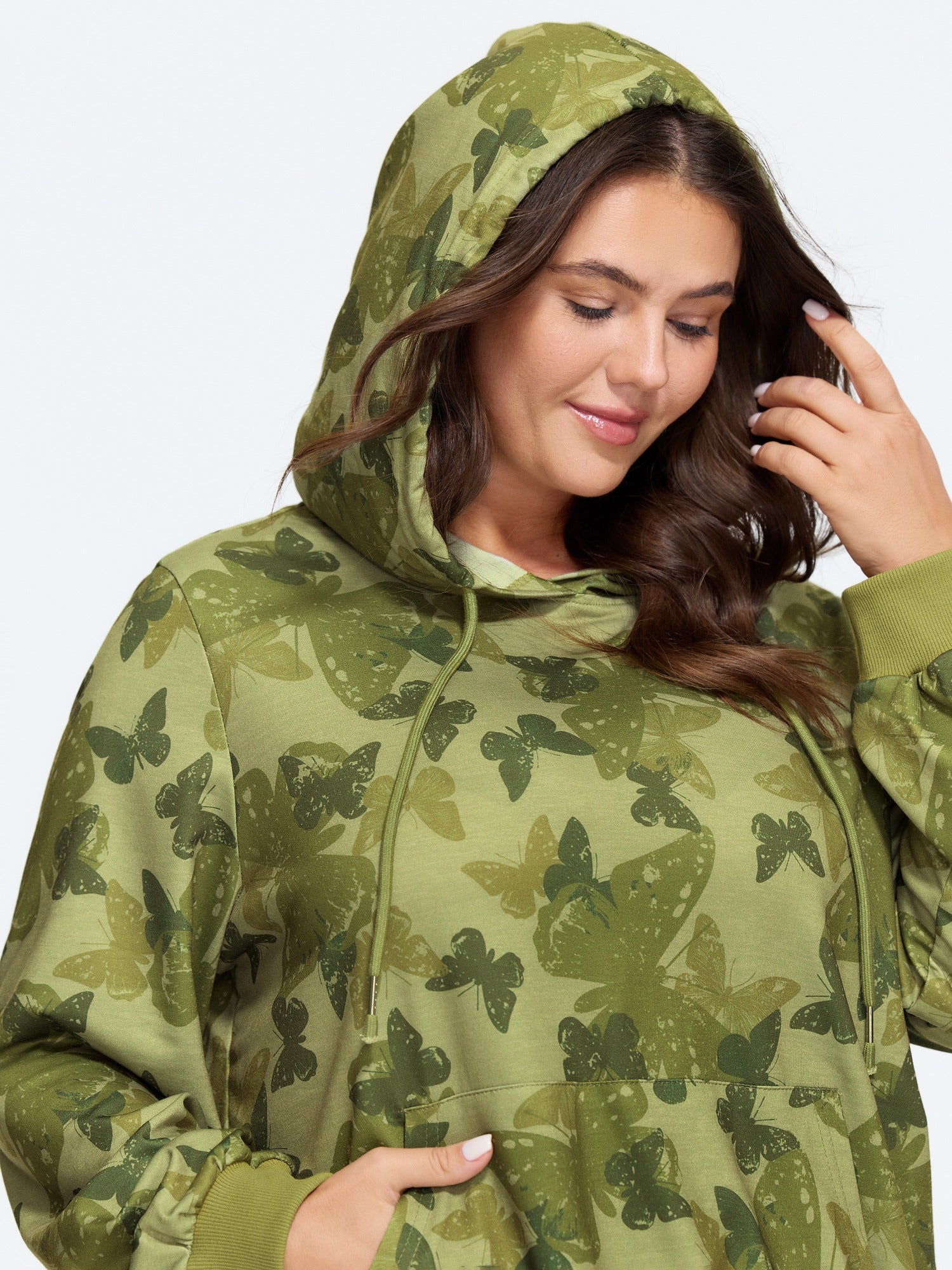 Butterfly Print Kangaroo Pocket Drawstring Hoodie Sweatshirt