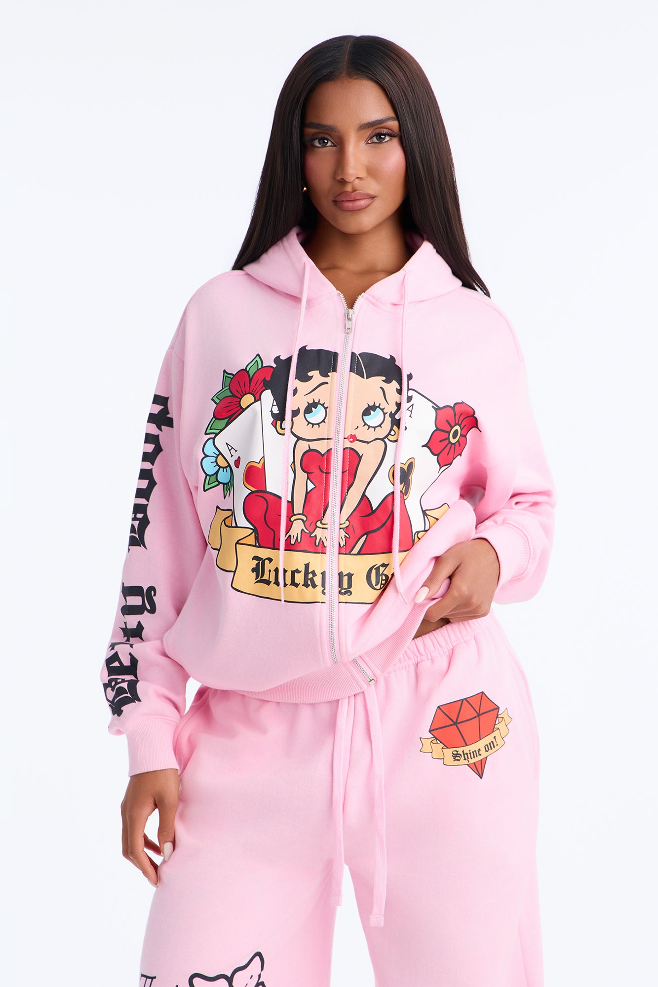 Betty Boop Tattoo Zip Up Sweatshirt - Light Pink