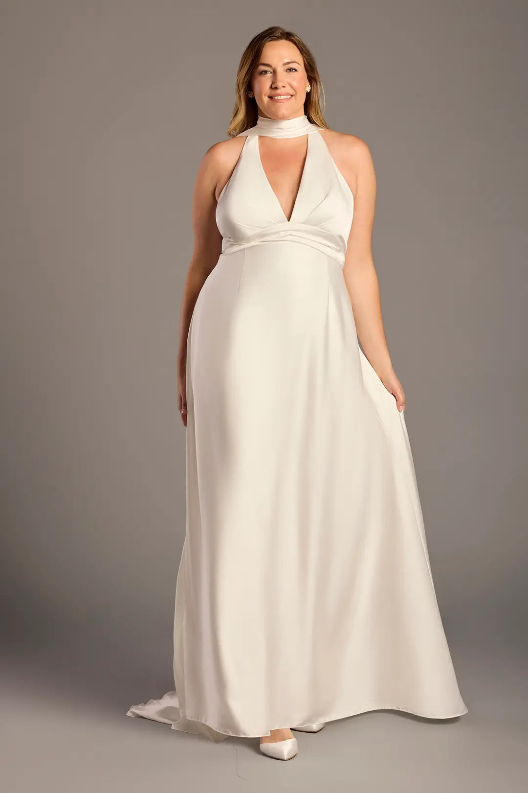 Matte Satin Halter A-Line Wedding Dress with Scarf
