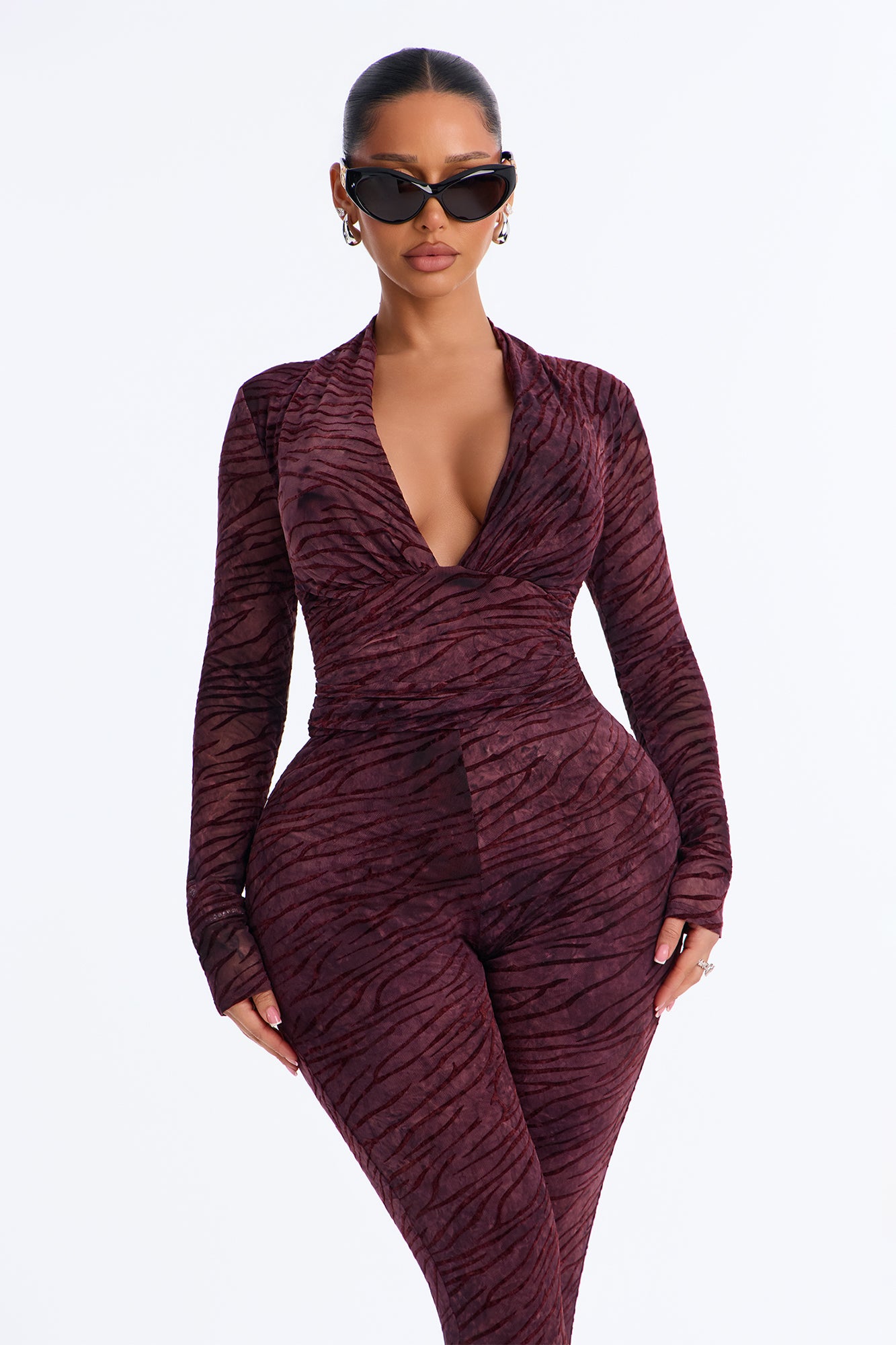 Feline Fine Flocked Jumpsuit - Wine