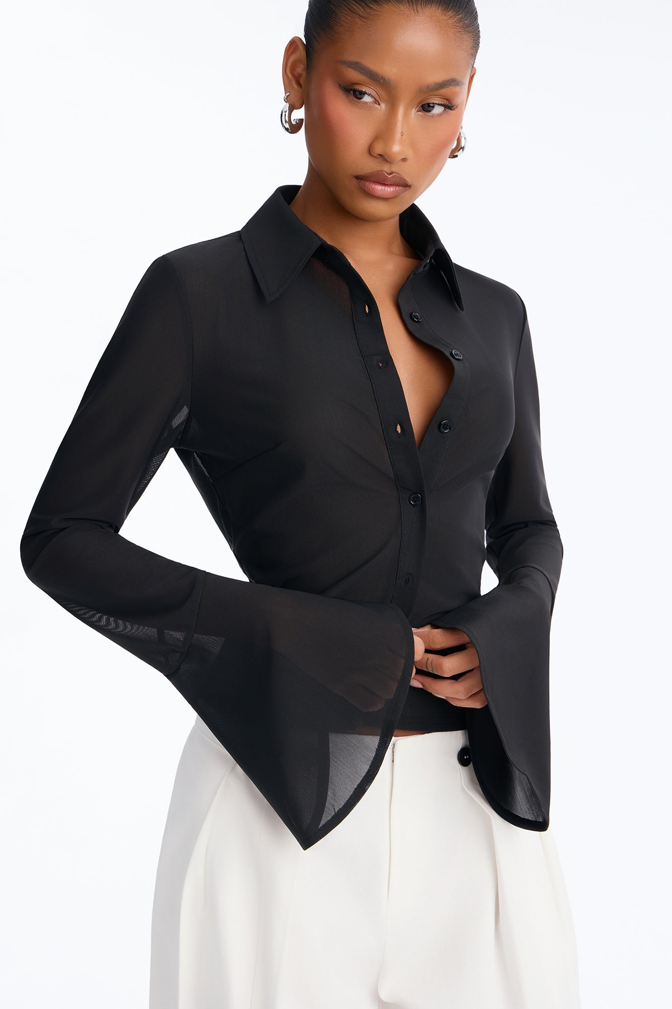 Office Flirt Mesh Long Bell Sleeve Shirt - Black