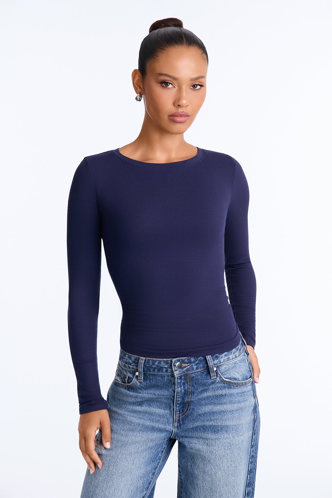Poppy Ribbed Fitted Long Sleeve Tee - Navy