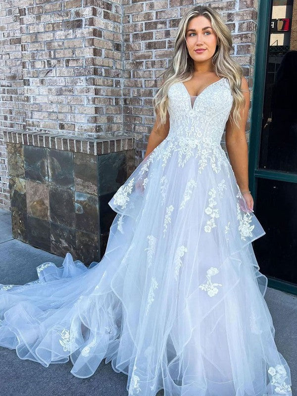 Classic V-Neck Tulle Lace Chapel Train Wedding Dresses with Cascading Ruffles