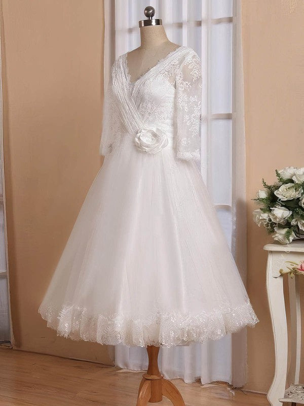 Fashionable 3/4 Long Sleeves V-Neck Ball Gown Tea-length Wedding Dresses