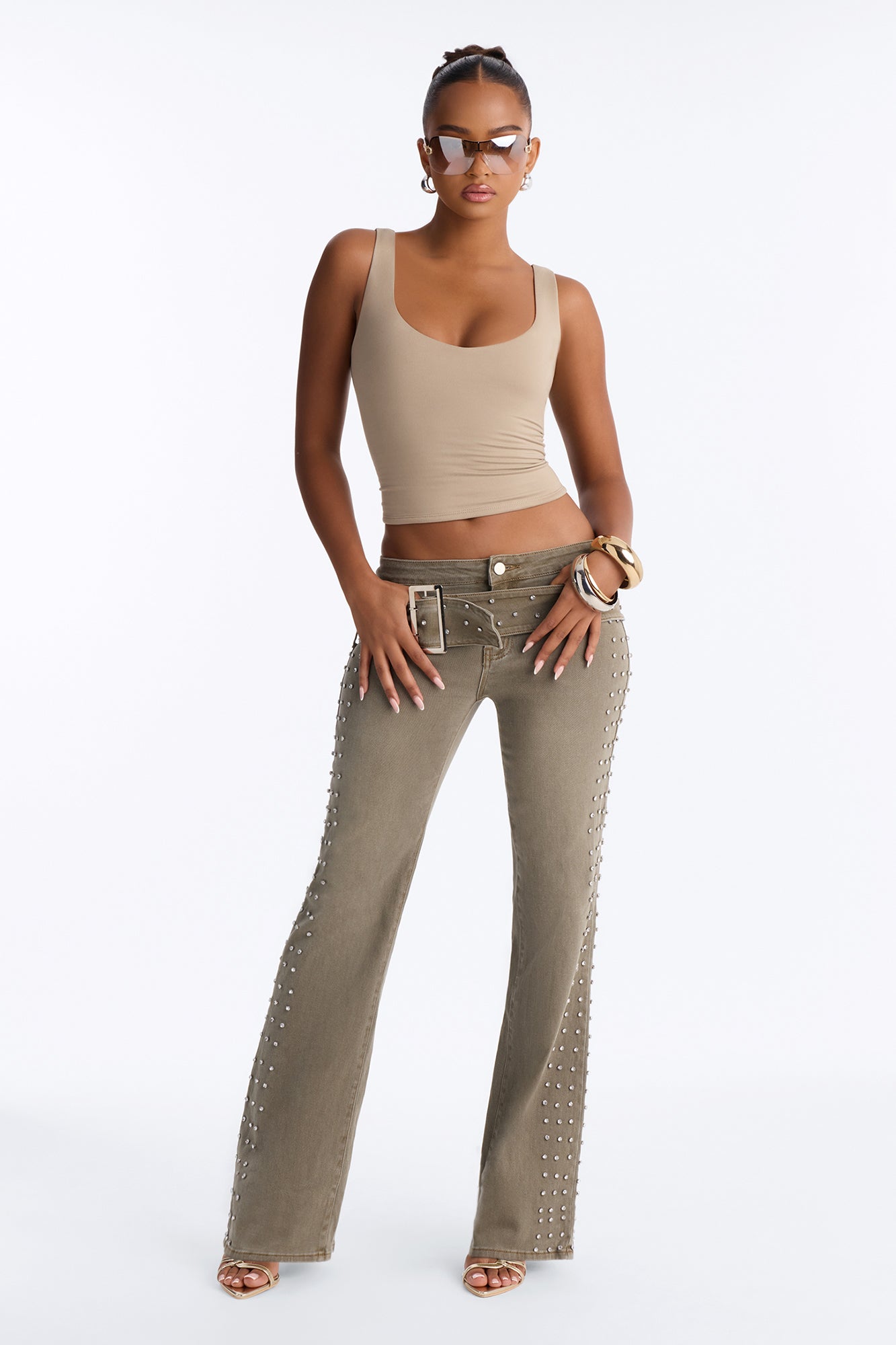 Blingin' Babe Wide Leg Rhinestone Belted Pant - Olive