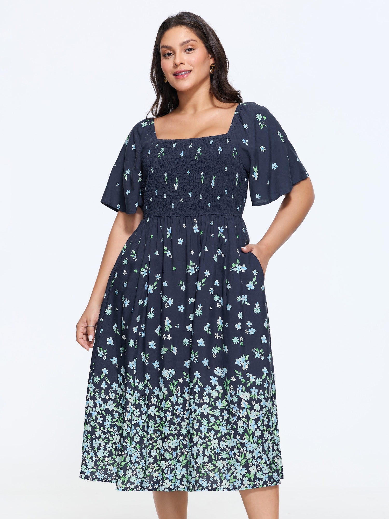 Floral Print Double Sleeve Shirred Midi Dress