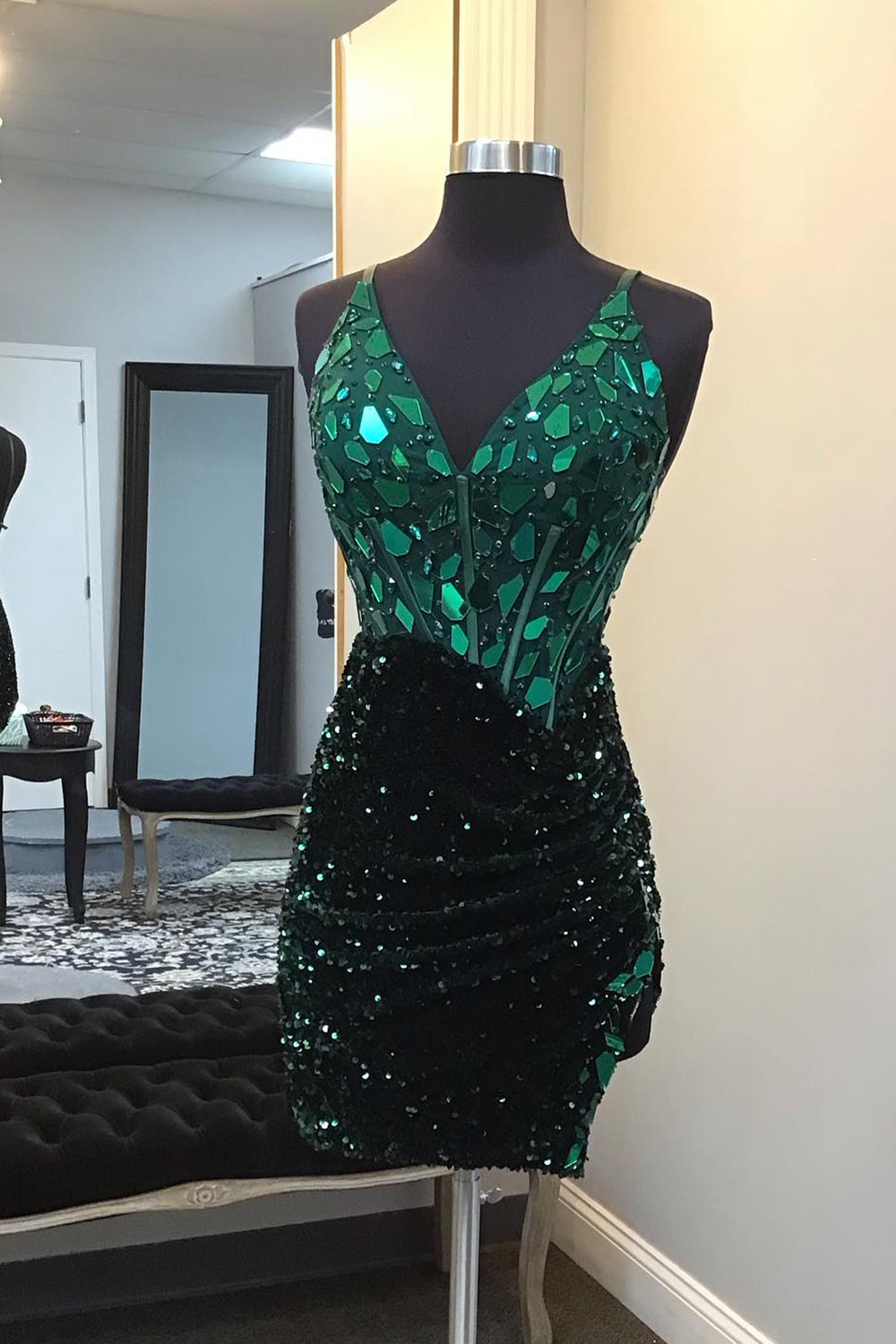 Sparkly Dark Green Sequins Mirror Tight Short Homecoming Dress/Mini Dress