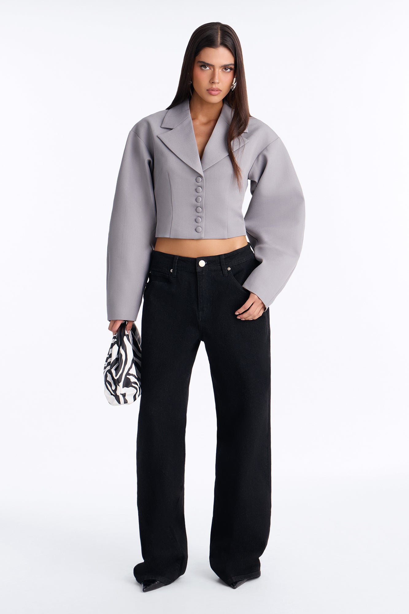 Mabel Barrel Sleeve Button Front Blazer - Light Grey