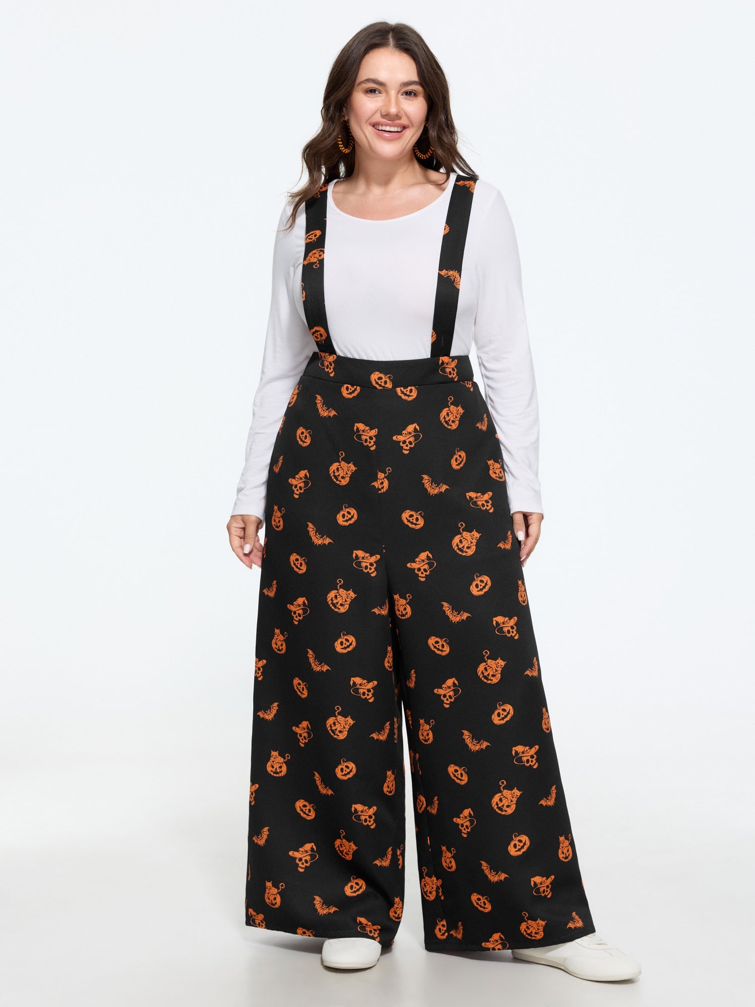 Halloween Pumpkin Bat Cat Print Overalls Jumpsuit