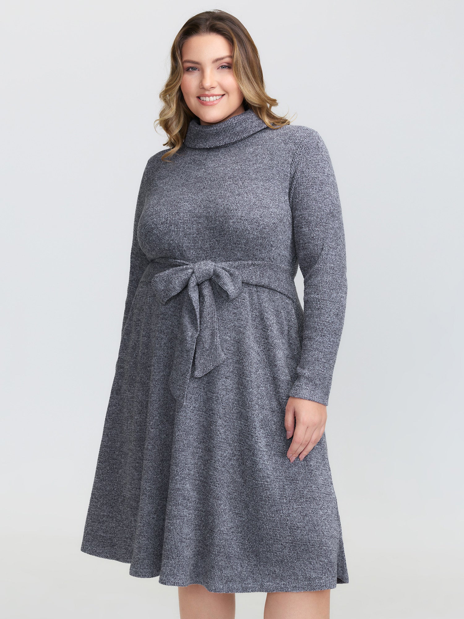 Mock Neck Waist Defining Midi Dress