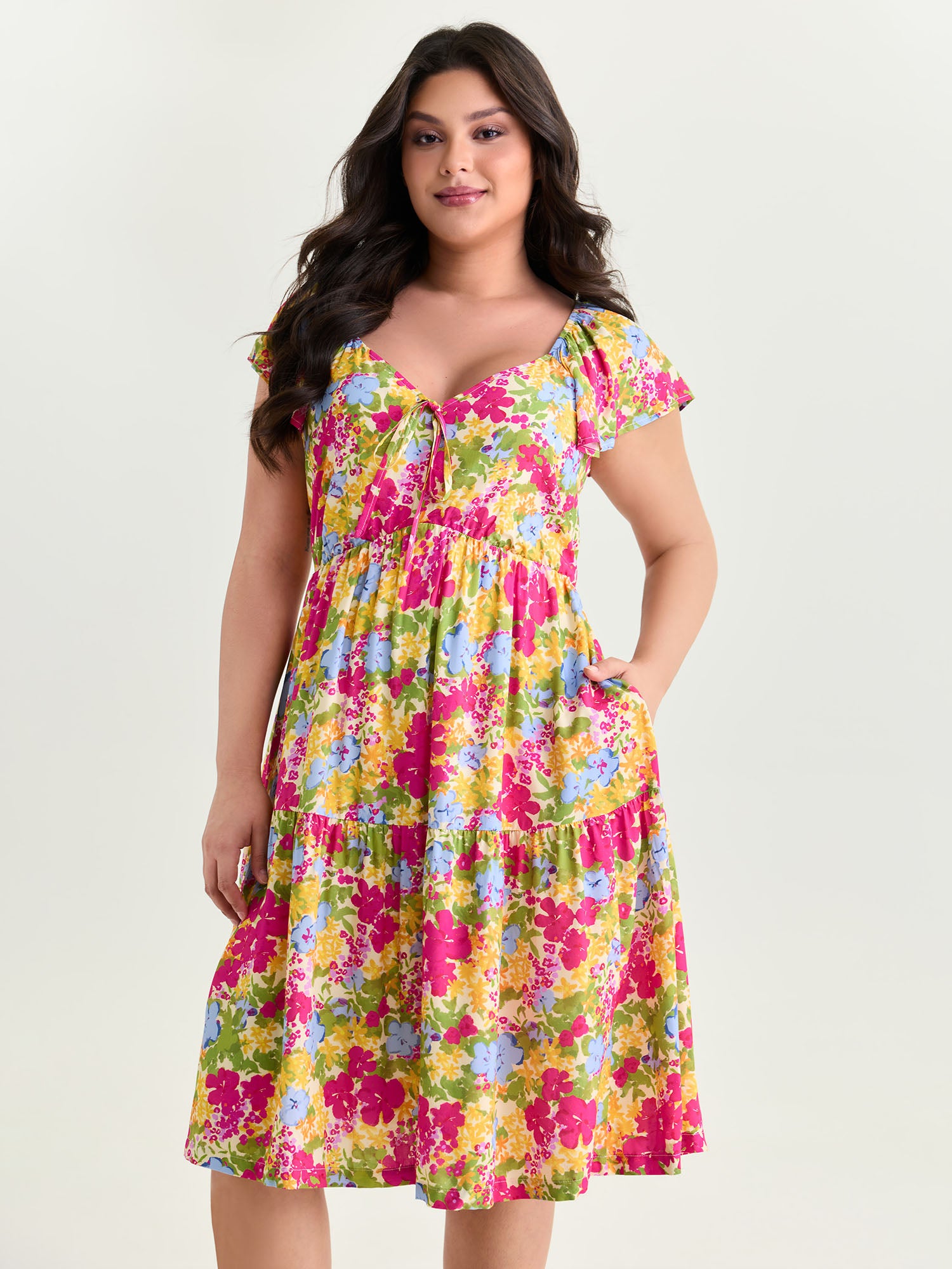 Large Floral Print Drawstring Bodice Midi Dress
