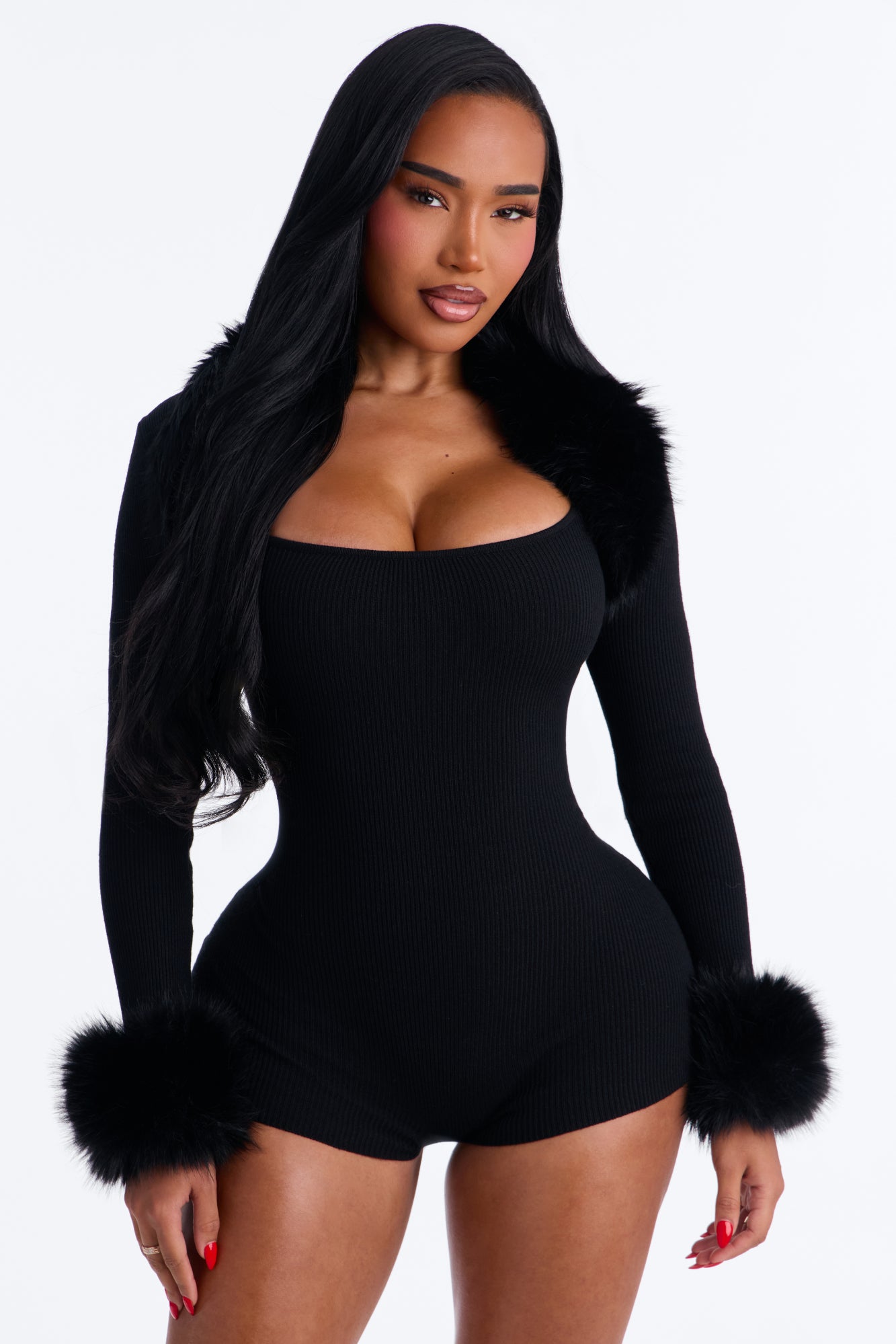 Main Character Fur Trim Bolero 2 Piece Set Romper - Black