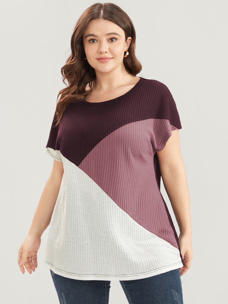 Colorblock Contrast Dolman Sleeve Waffle Knit Tee