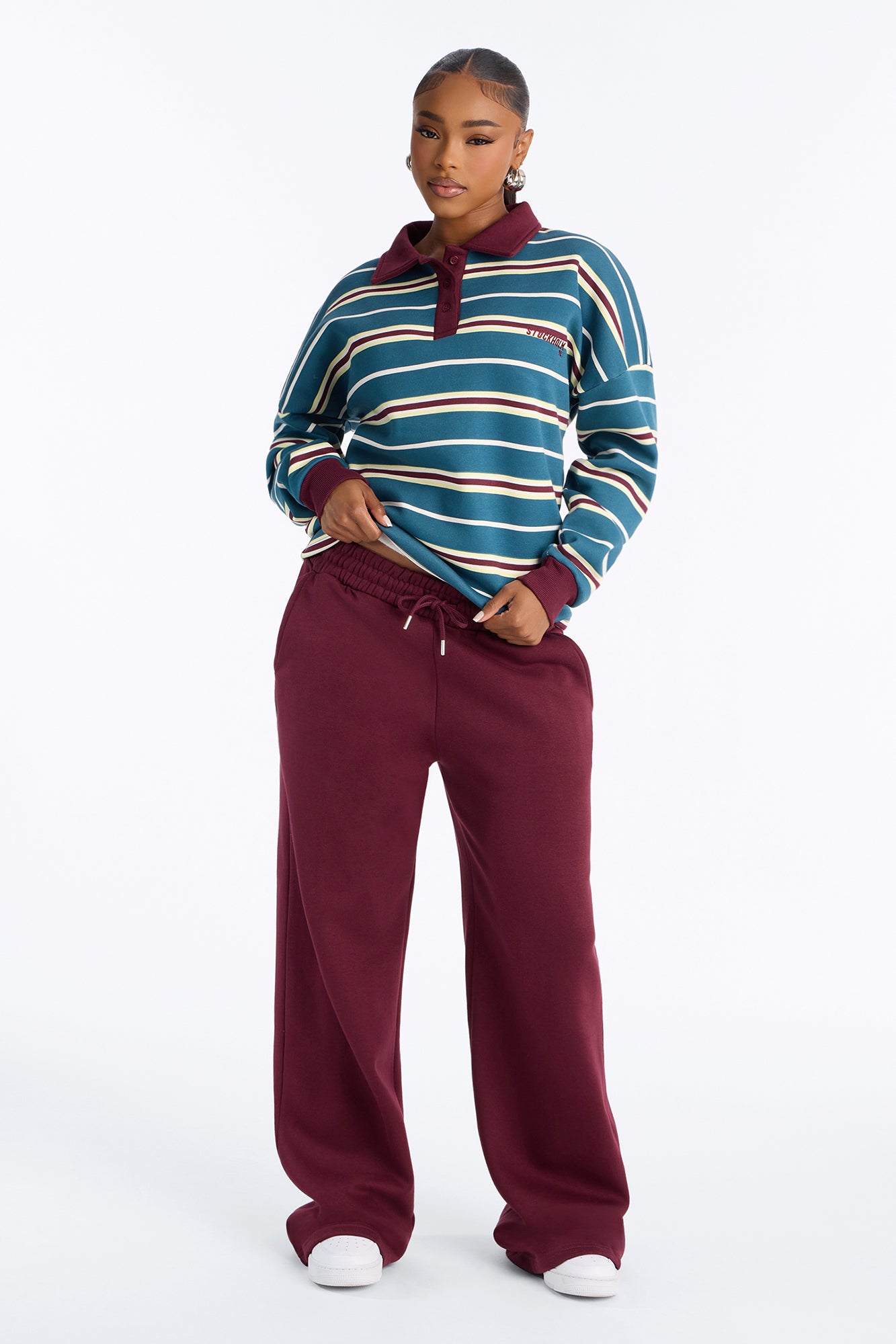 Off Season Striped Fleece Pant Set - Burgundy/combo