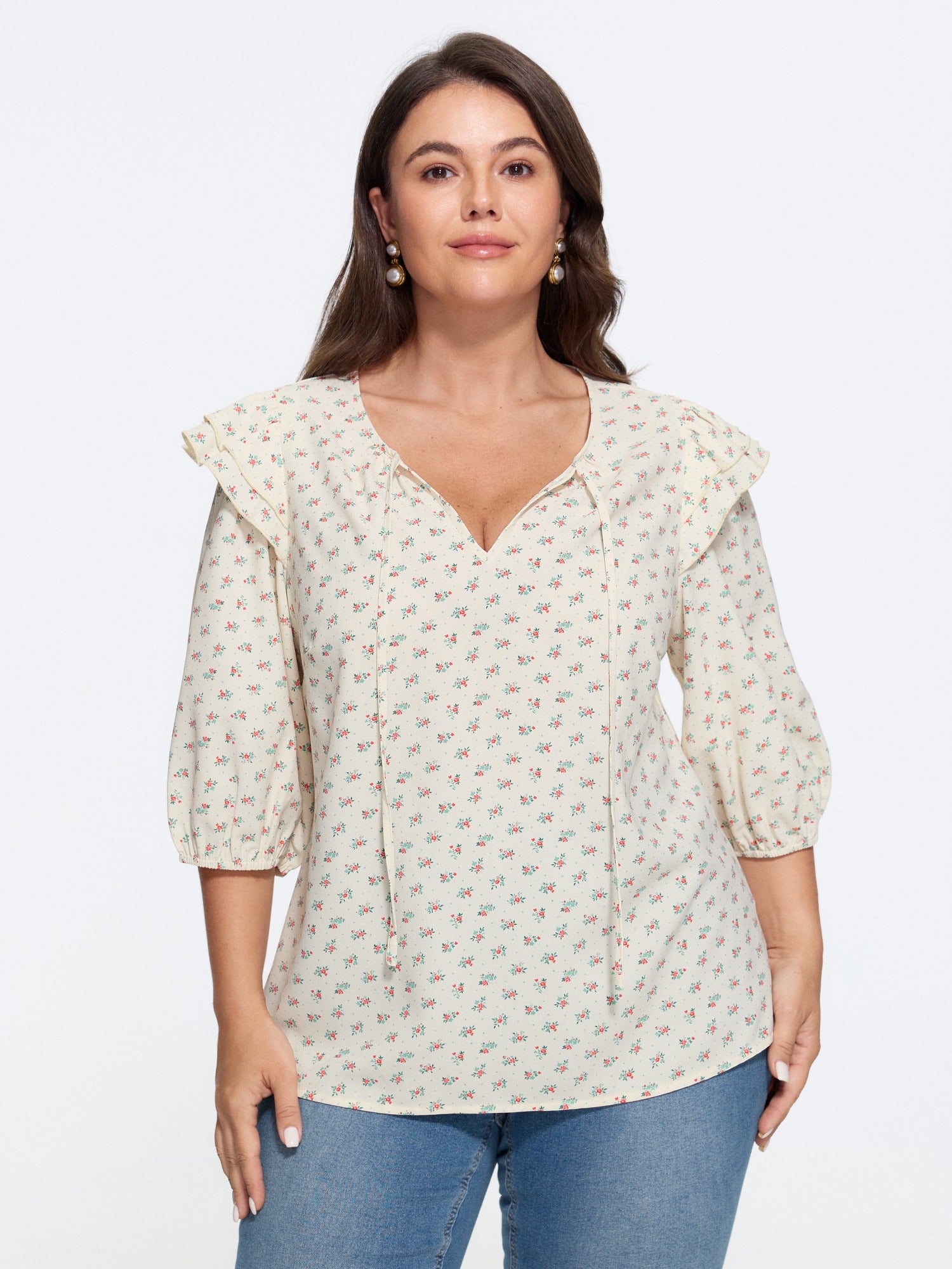 Ditsy Floral V Neck Ruffle Blouse