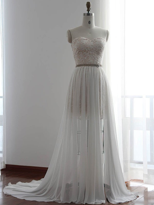 Glamorous Strapless Sweetheart Chiffon Sweep Train Wedding Dresses with Split