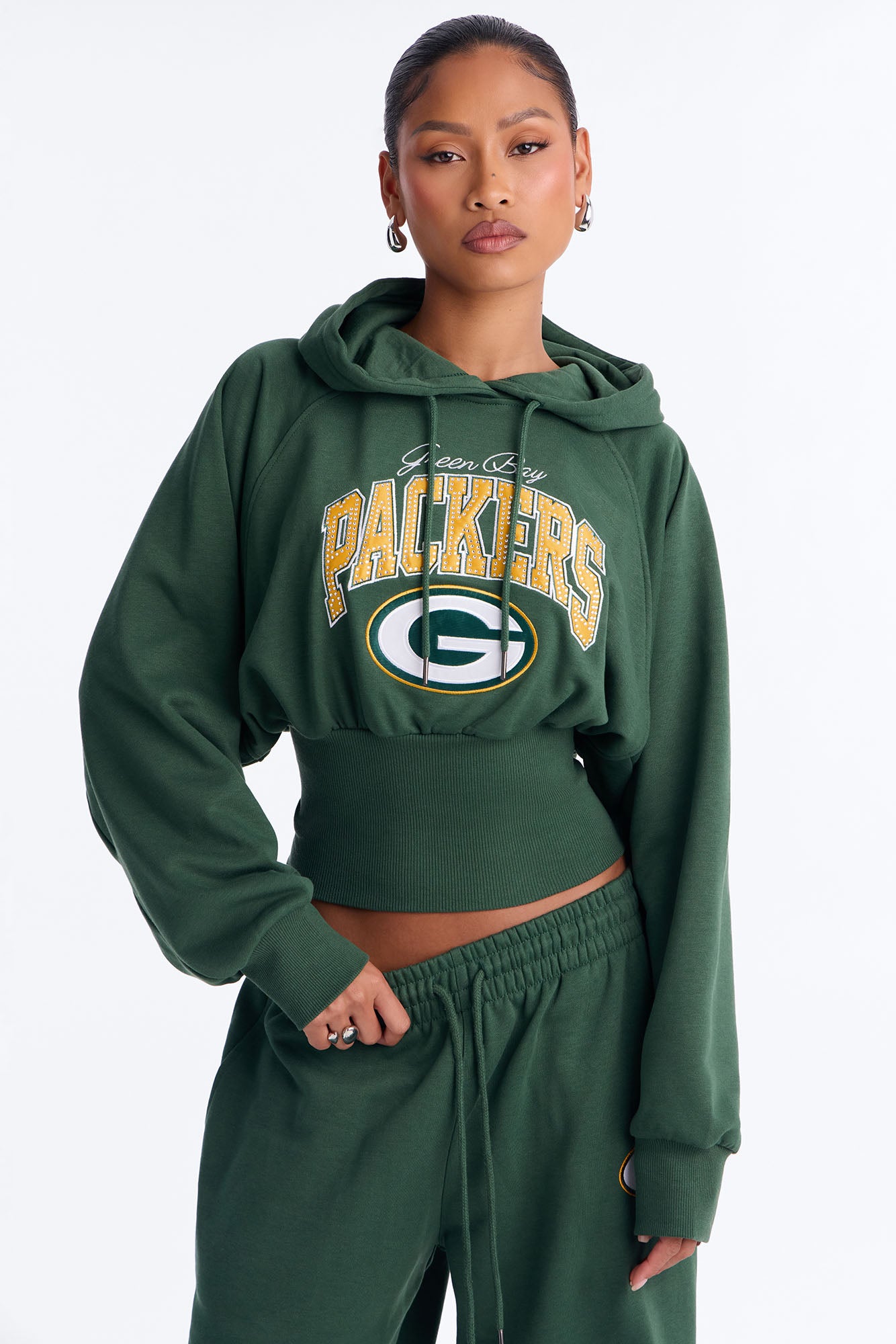 NFL Packers Cinched Rhinestone Hoodie Sweatshirt - Green