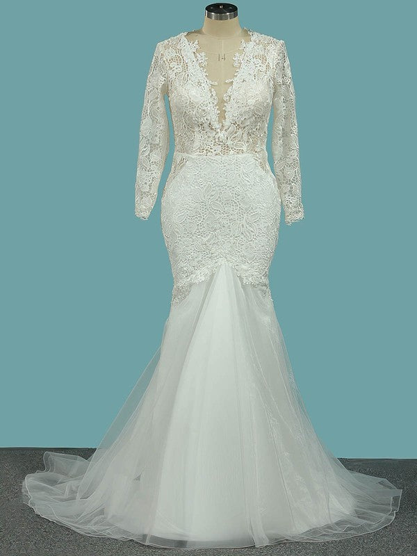 Exquisite Trumpet Long Sleeves Lace Tulle Sweep Train Wedding Dresses