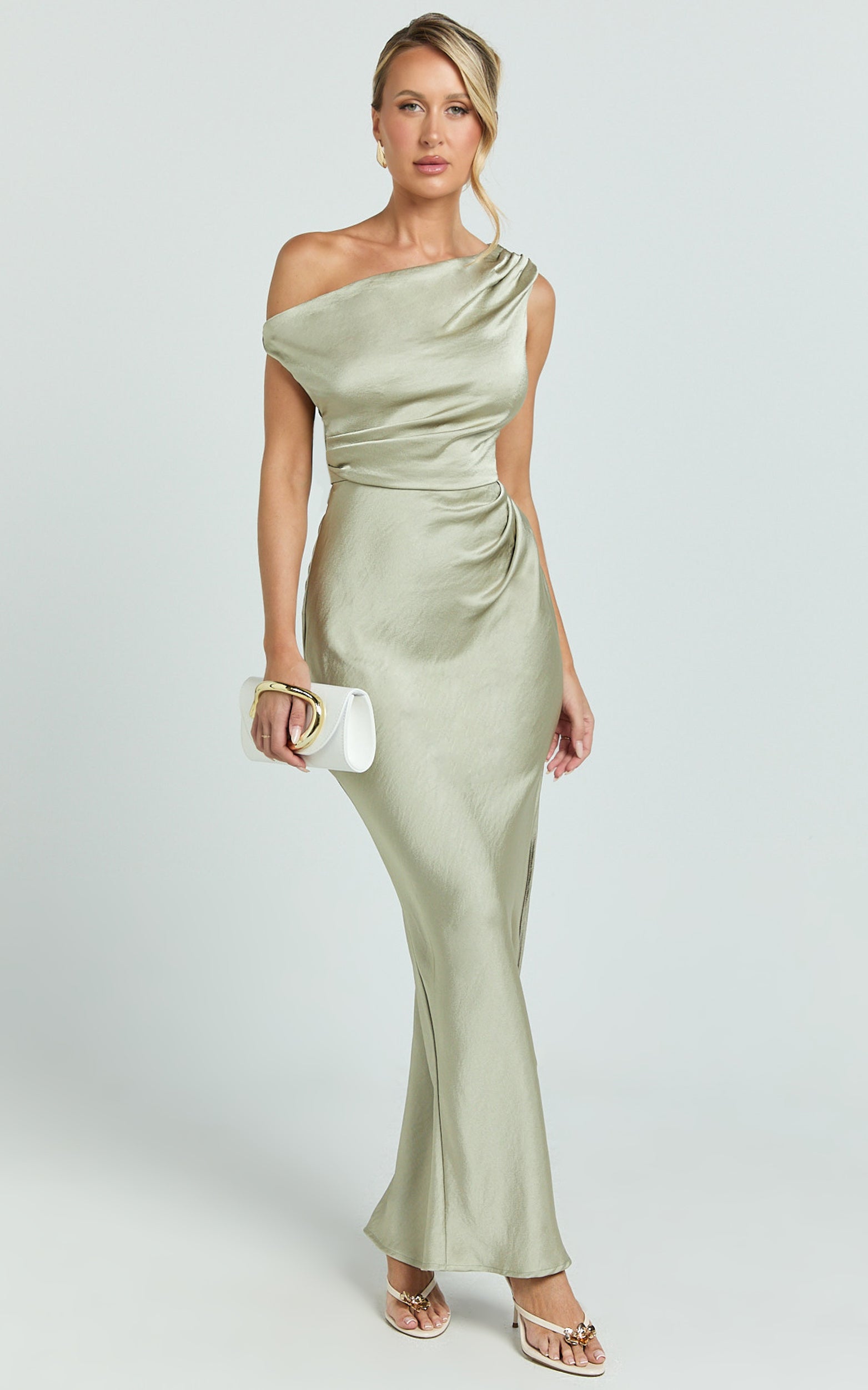 Laurie Maxi Dress - One Shoulder Ruched Dress in Light Olive