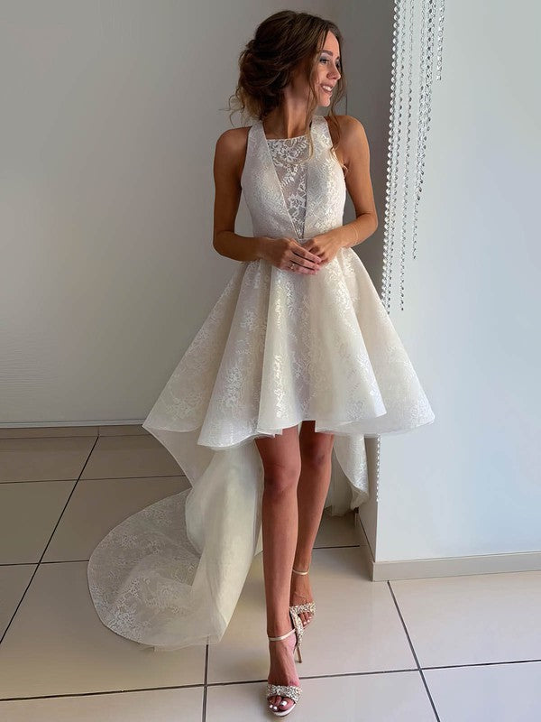 Fabulous A-Line Lace Asymmetrical Sleeveless Backless Wedding Dresses