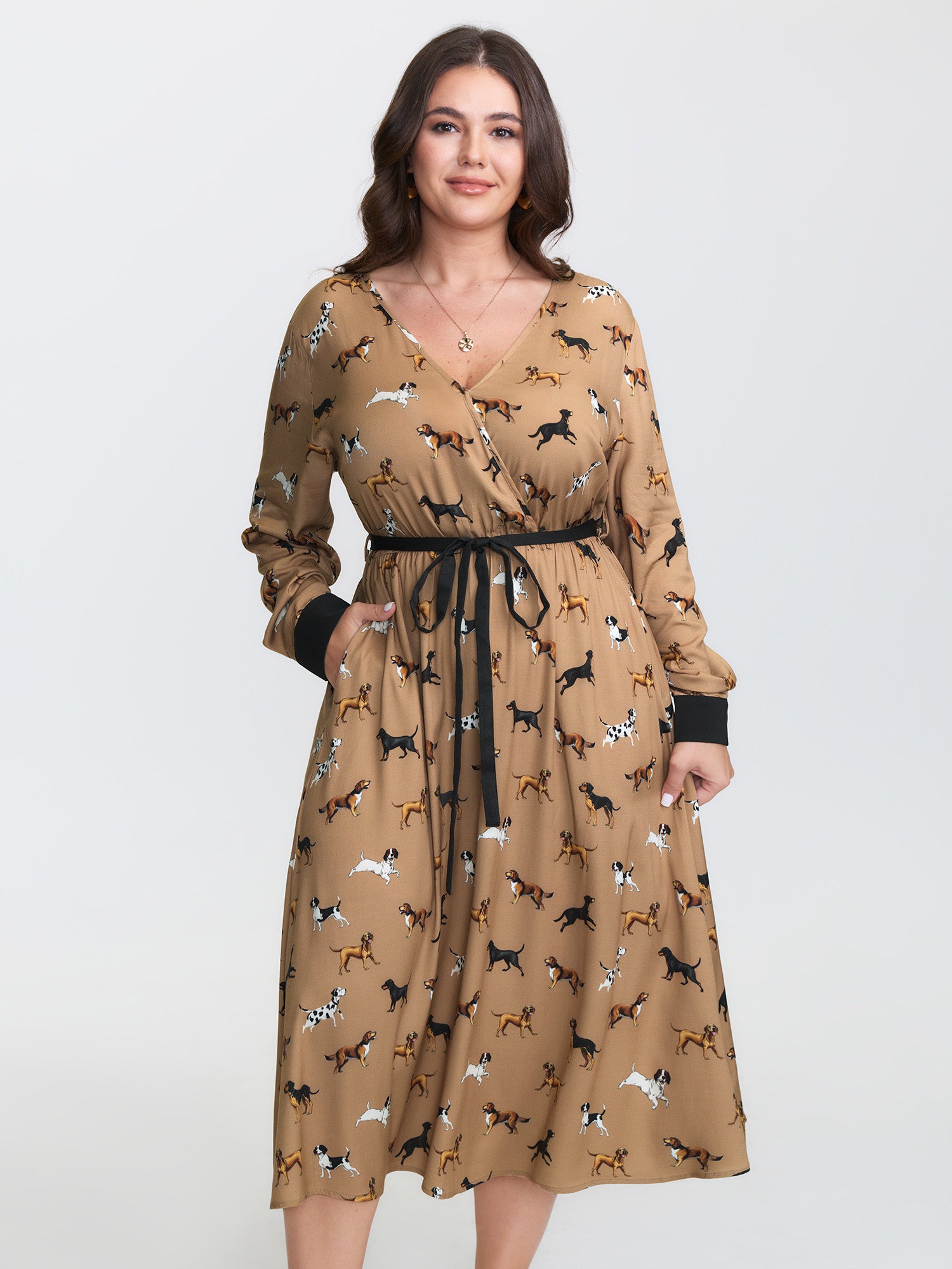 Puppy Print Waist-Tie Color Contrast Midi Dress