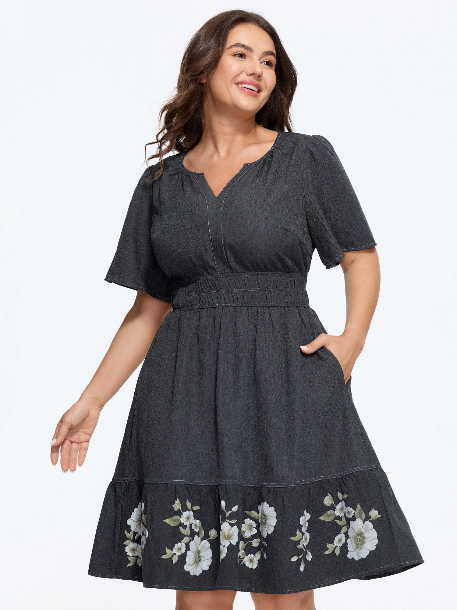 Supersoft Shirred Waist Floral Print Hem Mini Dress