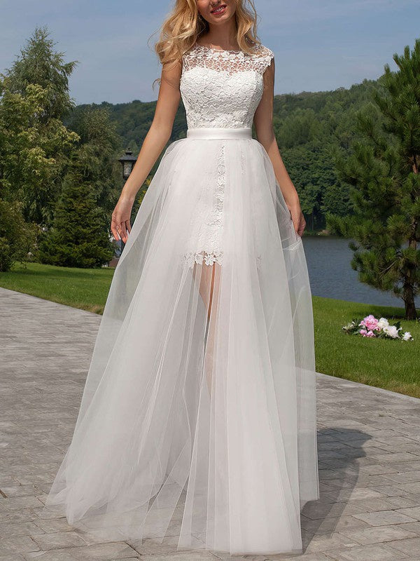Deluxe A-Line Sleeveless Lace Tulle Floor-Length Wedding Dresses with Sash
