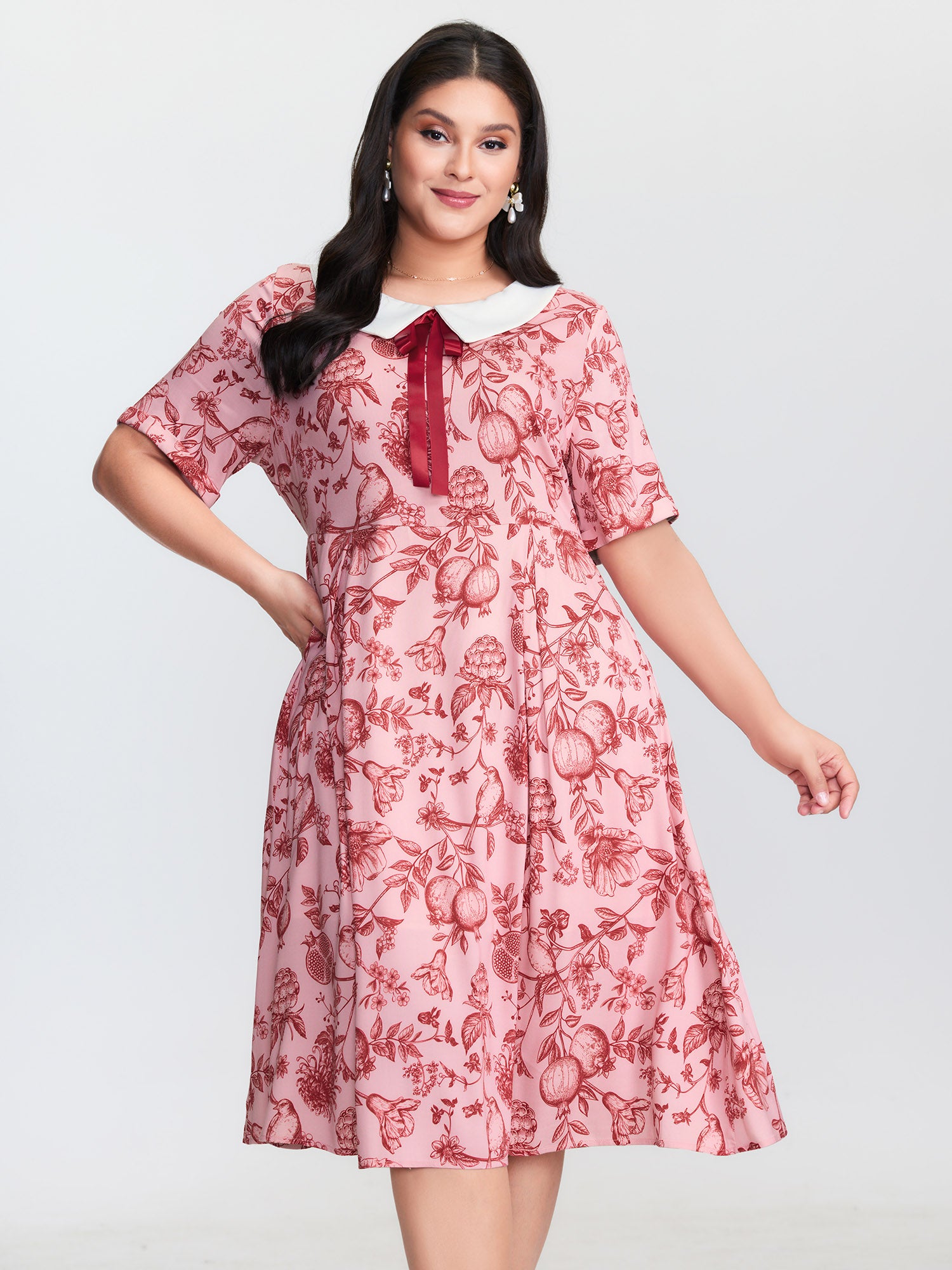 Floral Print Doll Ribbon Collar Midi Dress