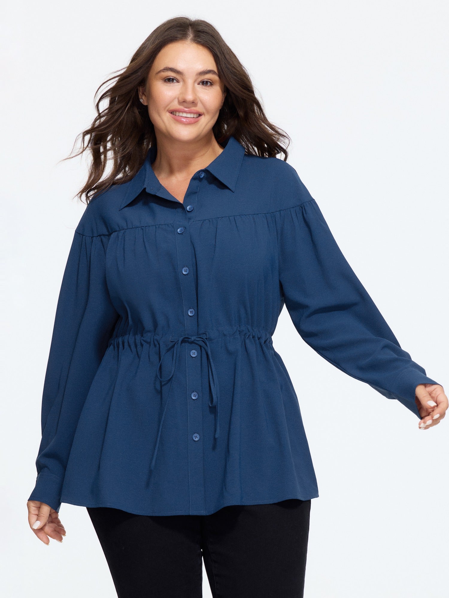 Drawstring Waist Button‑Down Long Sleeve Blouse