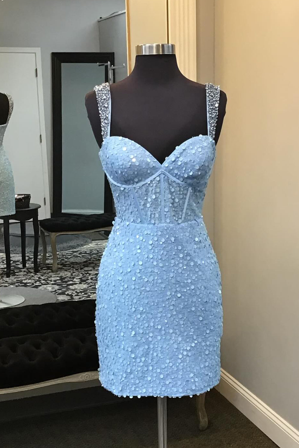 Sparkly Blue Sequins Corset Bodycon Homecoming Dress/Mini Dress