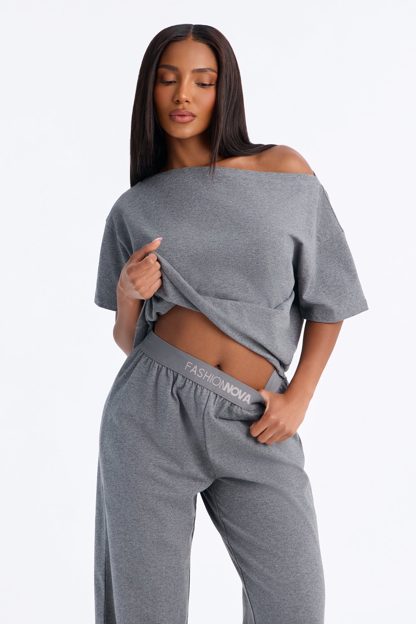 FN Mood Cotton Off The Shoulder Wide Leg PJ Pant Set - Charcoal