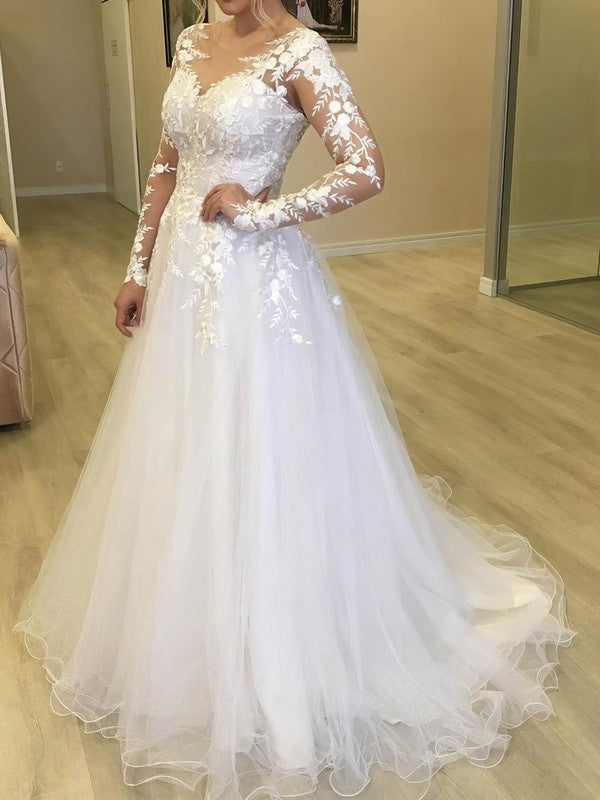 Stunning Tulle Sweep Train Long Sleeves Lace A-Line Wedding Dresses with Appliques