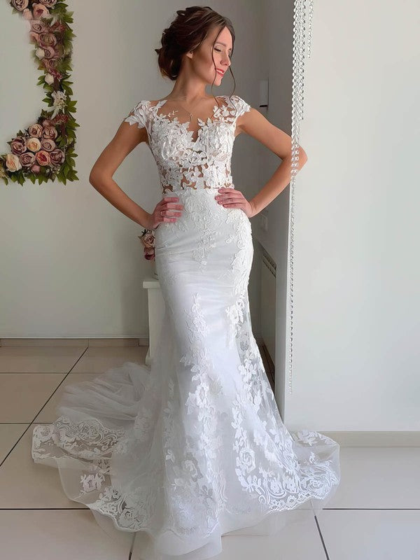 Trendy Chapel Train V-Neck Portrait Mermaid Lace Wedding Dresses with Appliques