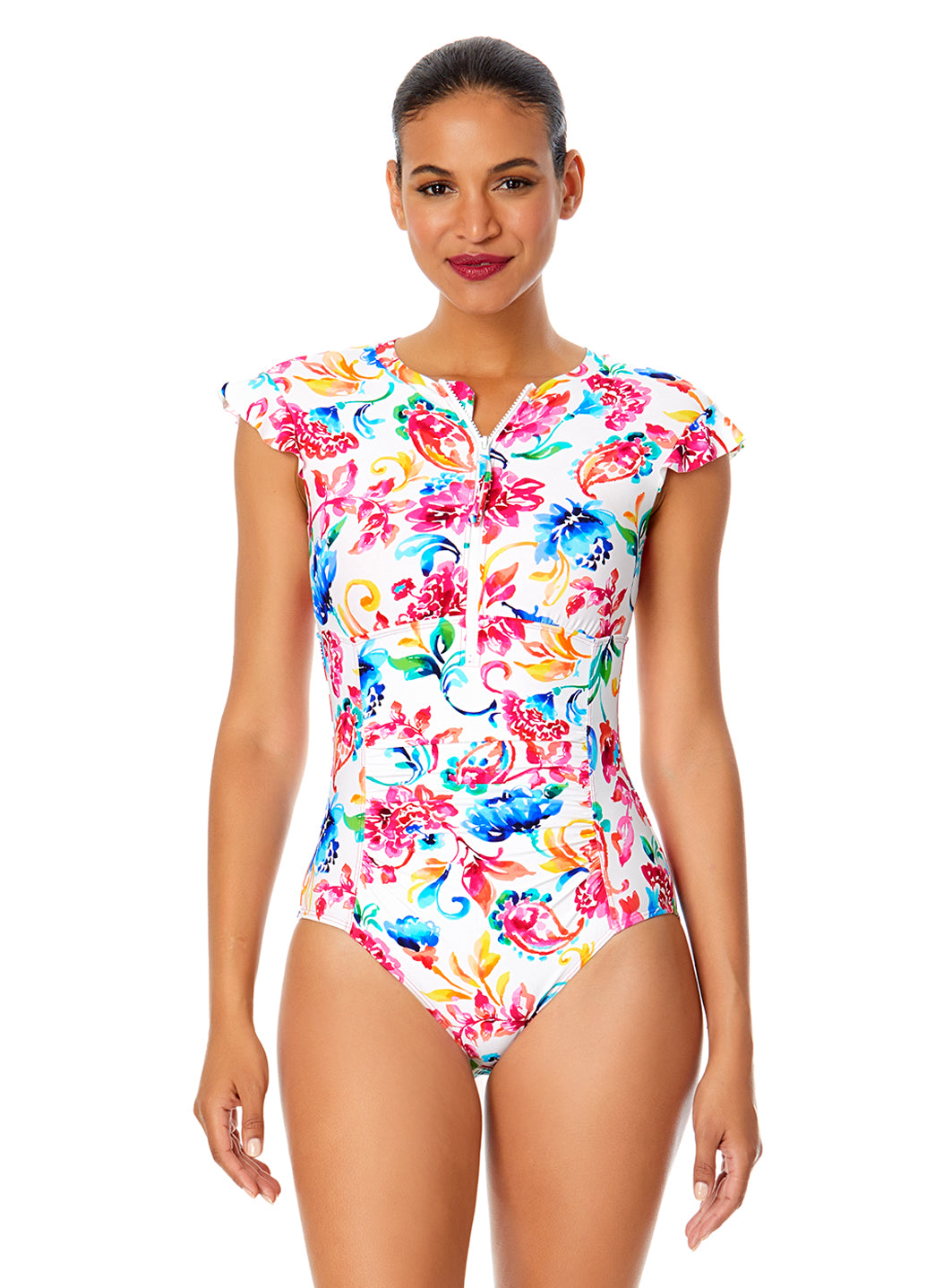 Anne Cole Women's Watercolor Paisley Flutter Sleeve Zip Front One Piece Swimsuit