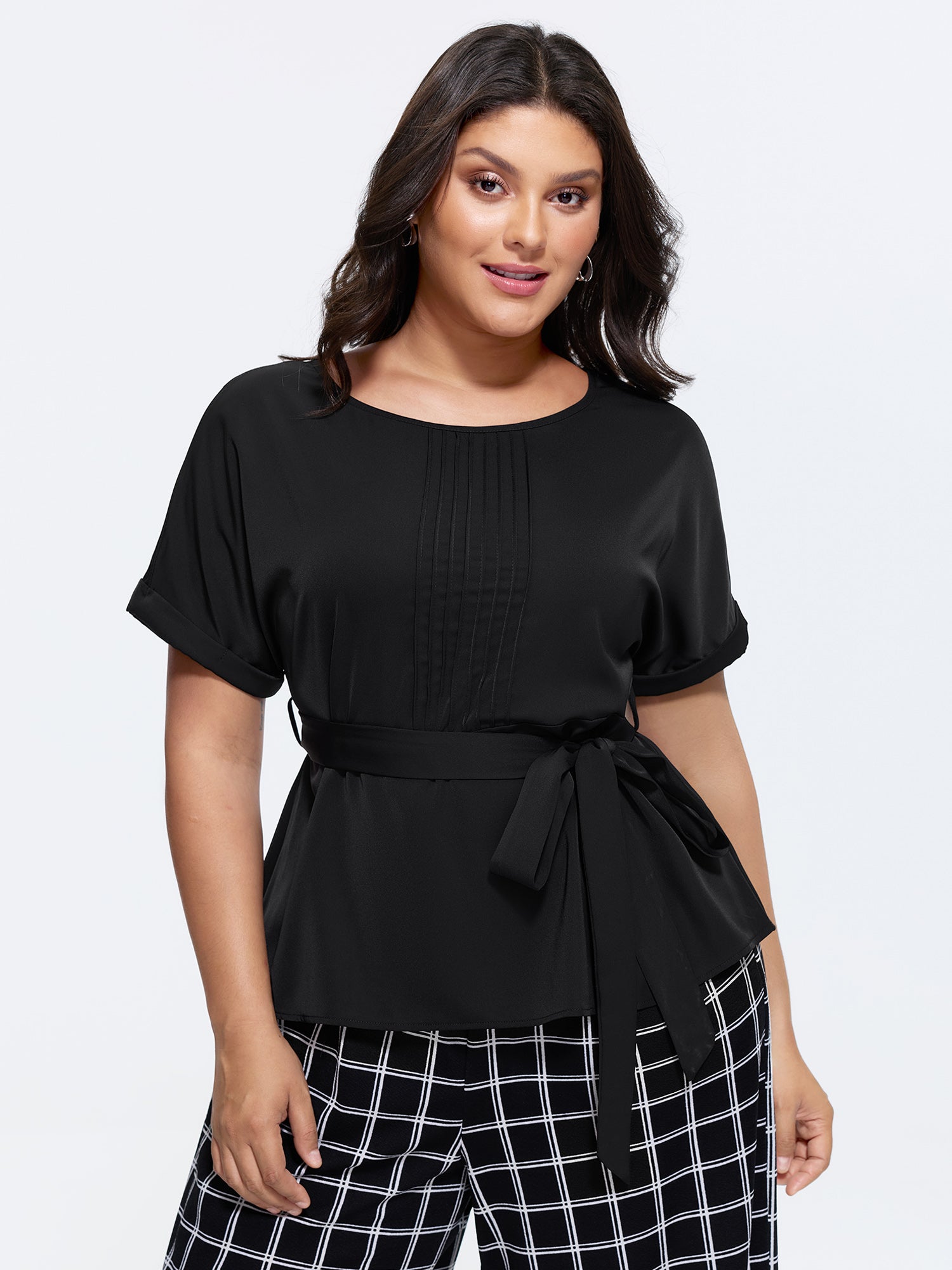 Toothpick Pleated Waist-Tie Plain Blouse