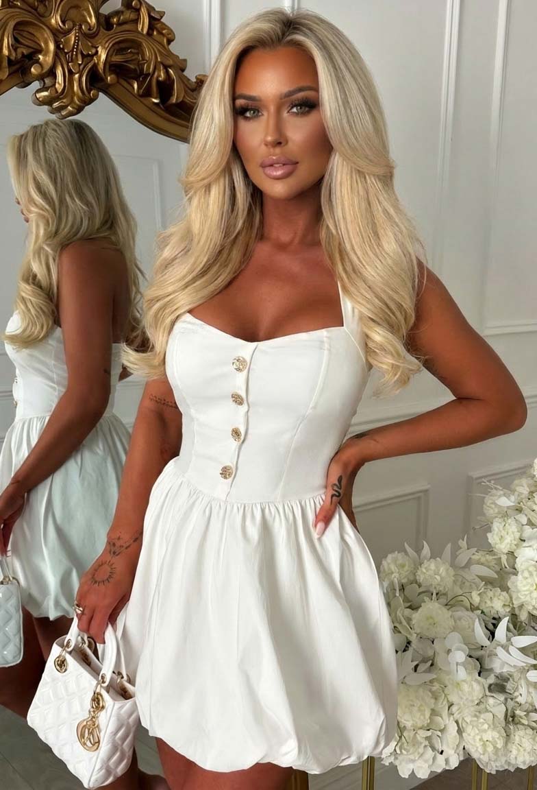 Vivi White Puff Ball Mini Dress