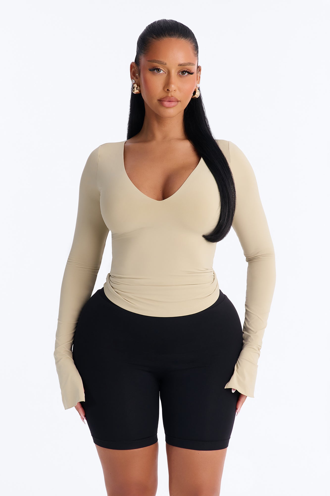 Second Skin Deep U Neck Long Sleeve Top - Stone