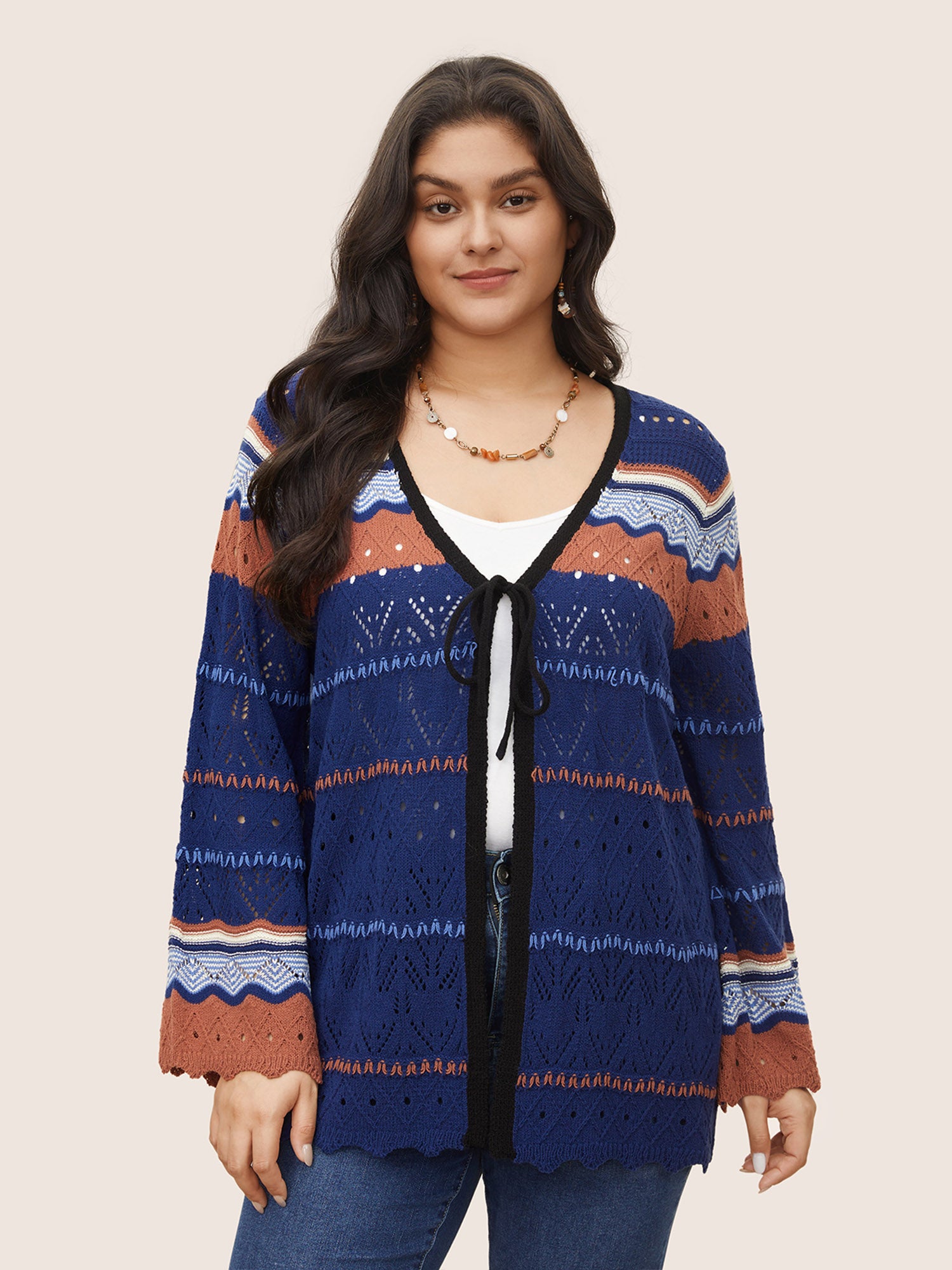 Contrast Texture Hollow Out Ties Cardigan