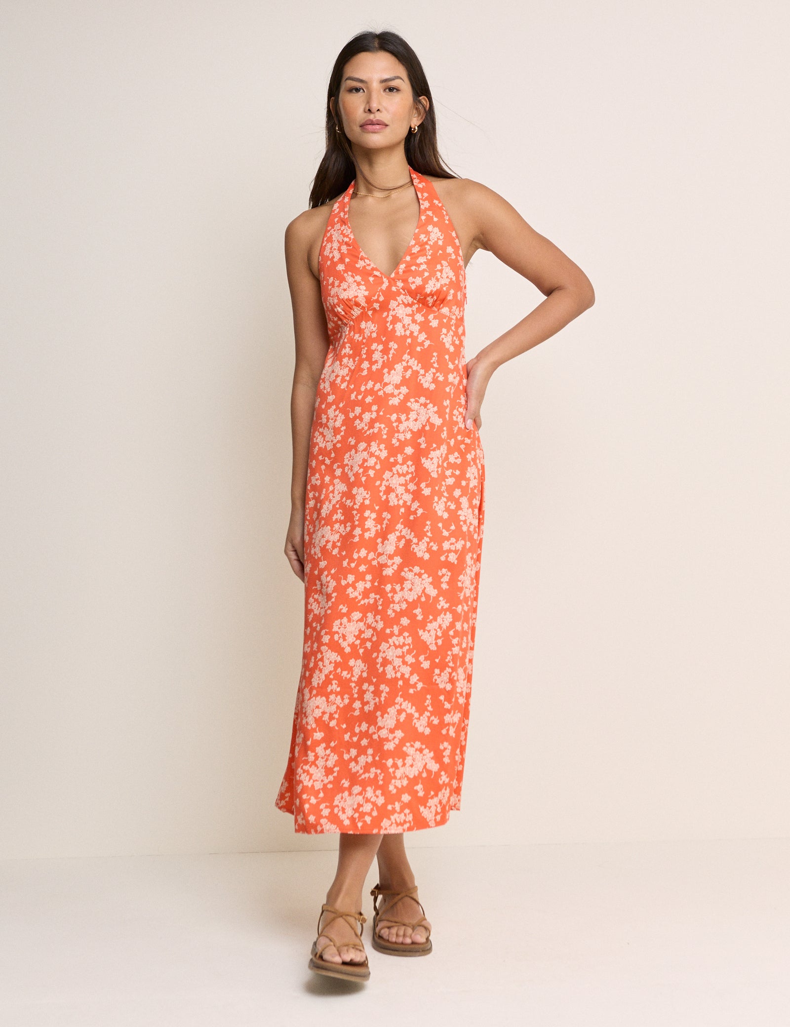 Orange Floral Halterneck Lynette Midi Dress