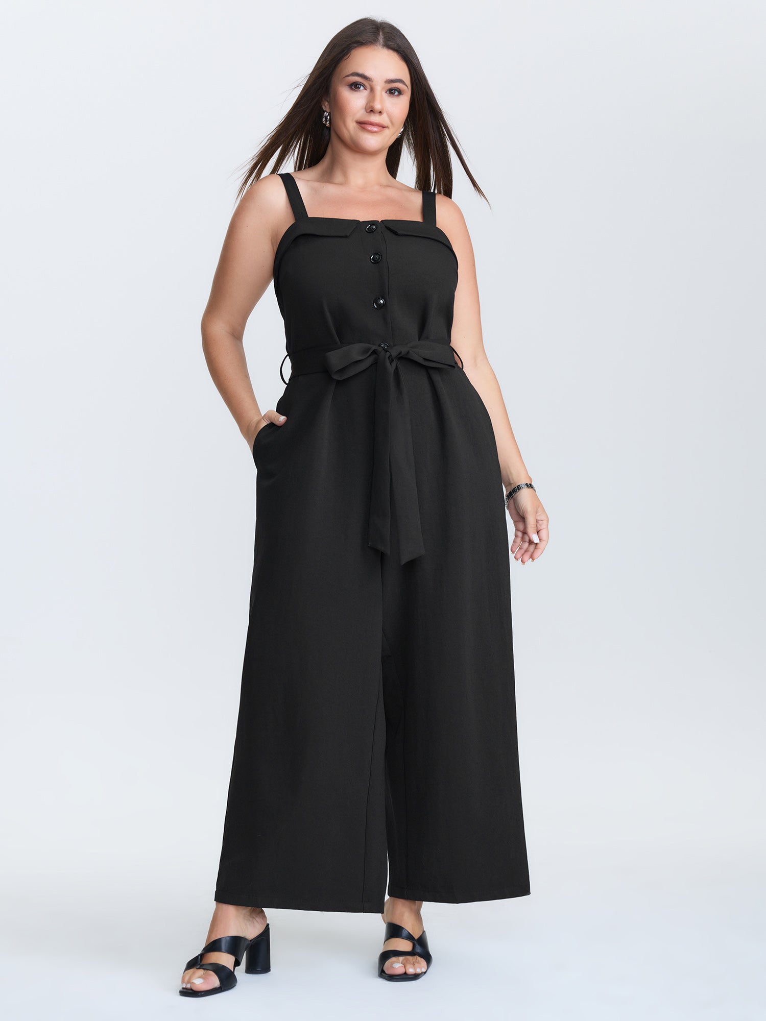 Belted Button Placket Adjustable Jumpsuit