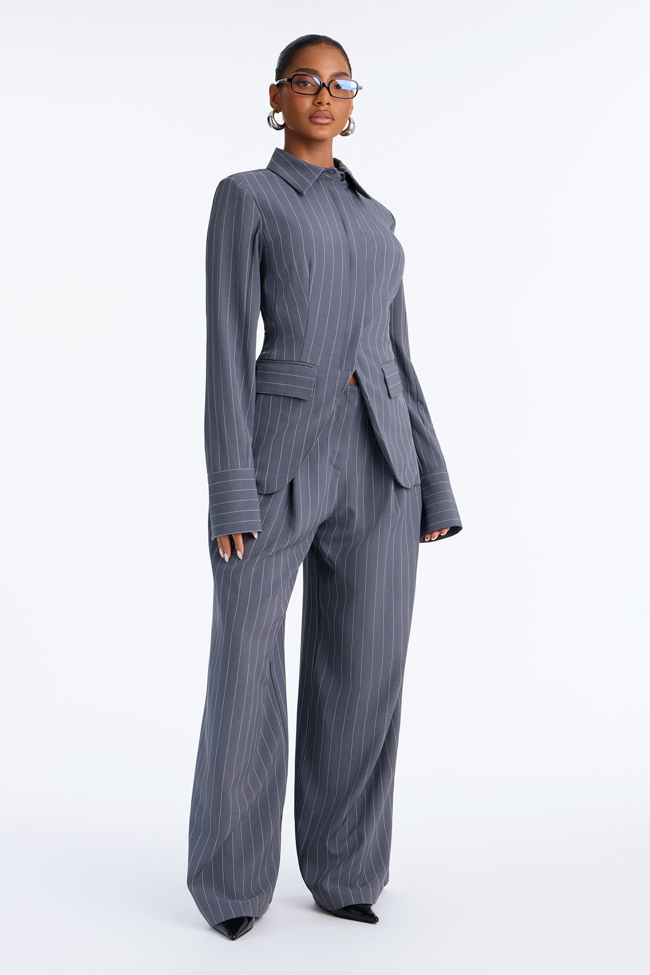 Giana Pinstripe Blazer Pant Set - Charcoal